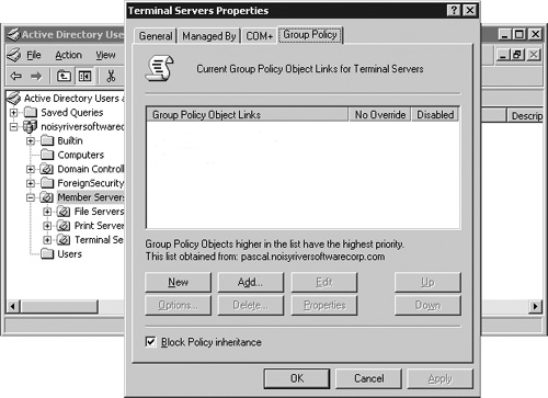 The Group Policy tab for the Terminal Servers organizational unit.