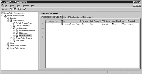 A group policy for the Terminal Servers organizational unit.