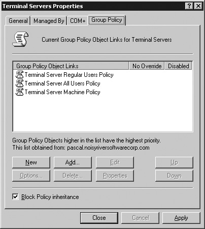 A group policy object priority example within ADUC.