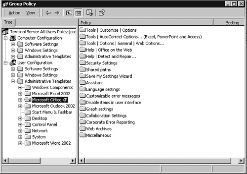 An example of Office XP administrative templates in a group policy.
