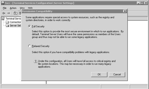 The Windows 2003 Terminal Services Permission Compatibility dialog box.