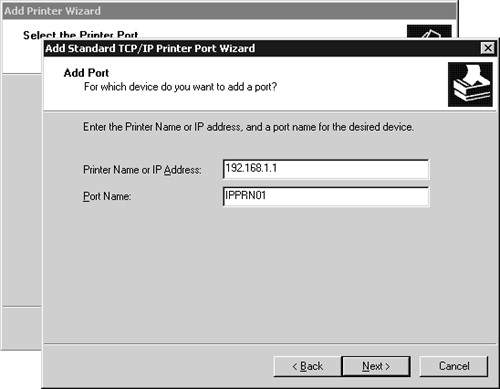 The Add Standard TCP/IP Printer Port Wizard dialog box.