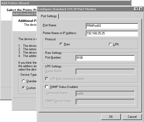 The Port Settings dialog box for the new printer port being created.