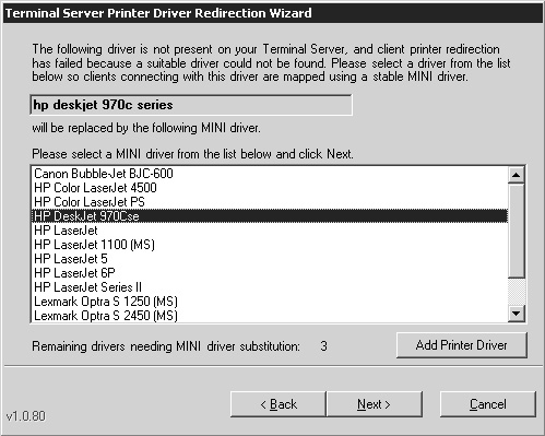 The Printer Driver Redirection wizard automates creation of the substitution file used to map printers with different printer driver names on their client and the MetaFrame server.