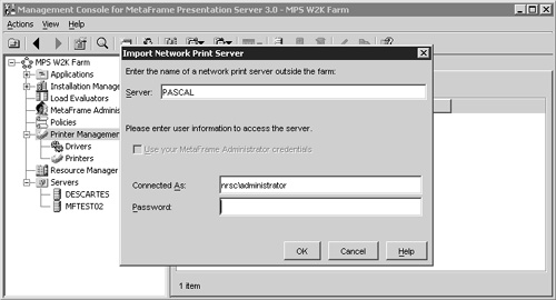 When importing printers from a print server, you must provide the server name and credentials for authentication.