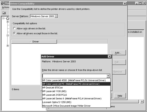 The Driver Compatibility dialog box allows you to control what printer drivers are used by client-mapped printers.