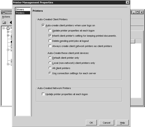 The Auto-Created Client Printer settings for the Printer Management Properties dialog box.