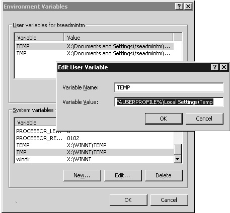 The default temporary folder settings on Windows 2003 Terminal Services.