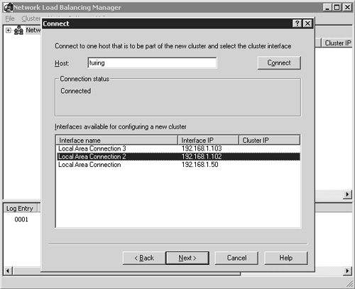 The Connect dialog box is where you select the host and an available interface on that host to configure the new cluster.
