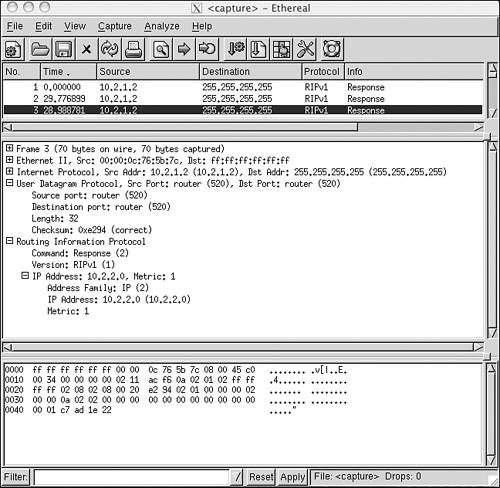 An Ethereal decode of a RIPv1 message shows the values in the message fields of this specific Response message.