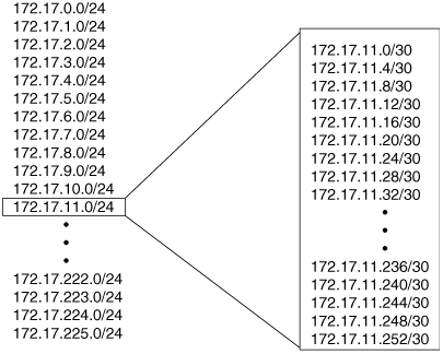 This class B address has been subnetted with a 24-bit mask. 172.17.11.0 has been sub-subnetted with a 30-bit mask; the resulting 64 subnets can be assigned to point-to-point links.