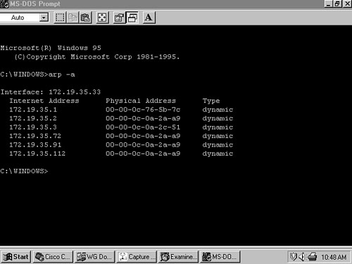 Host B’s ARP cache shows that C’s IPv4 address is mapped to the MAC address of San_Felipe’s interface 172.19.35.2.