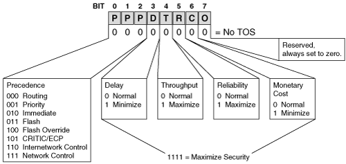 The Precedence and TOS bits of the Type of Service field of the IP header.