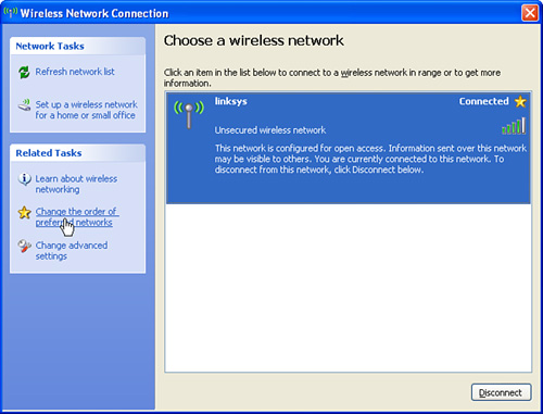 Clicking the Change the Order of Preferred Networks Option