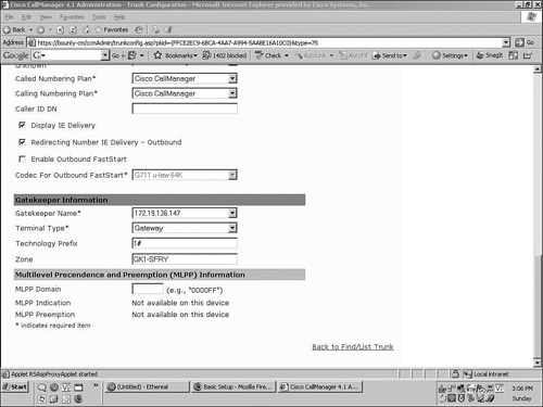 Section of the Cisco CallManager Configuration Page for an H.225 Gatekeeper-Controlled Trunk