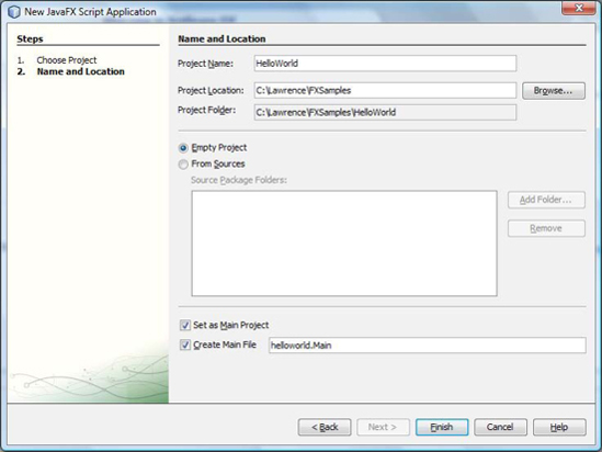 The NetBeans New Project screen with project details entered