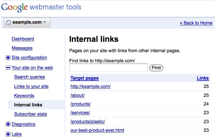 Google Webmaster Tools “Internal links” feature