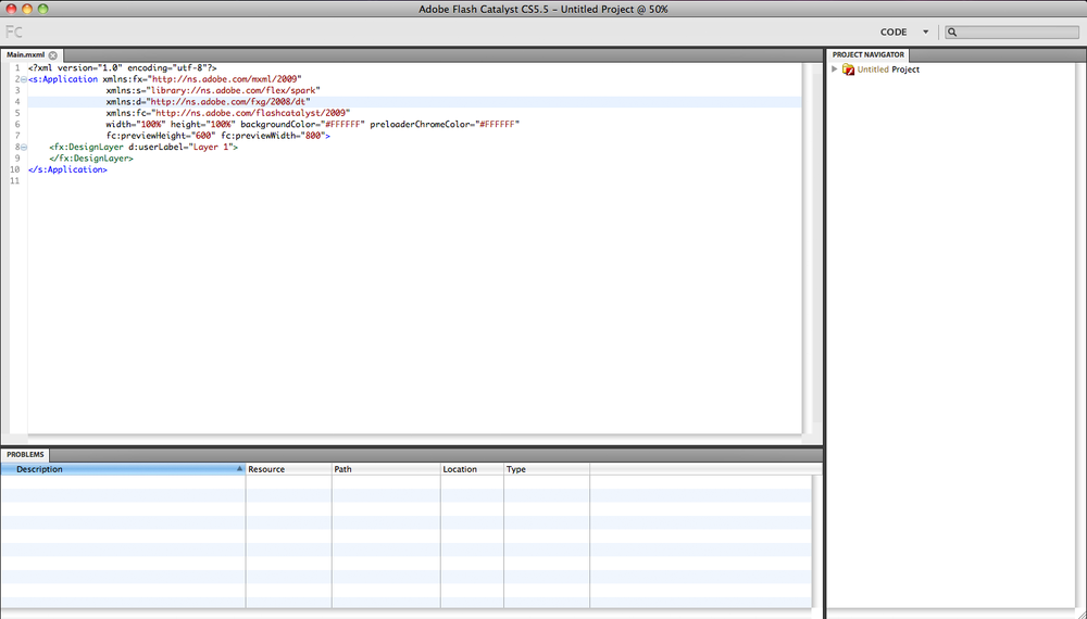 The Code Workspace in Flash Catalyst CS 5.5