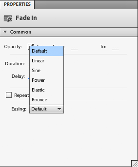 The different easing options in the Properties panel