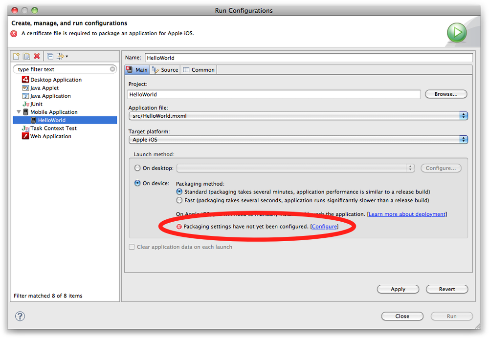 The Run Configurations dialog box