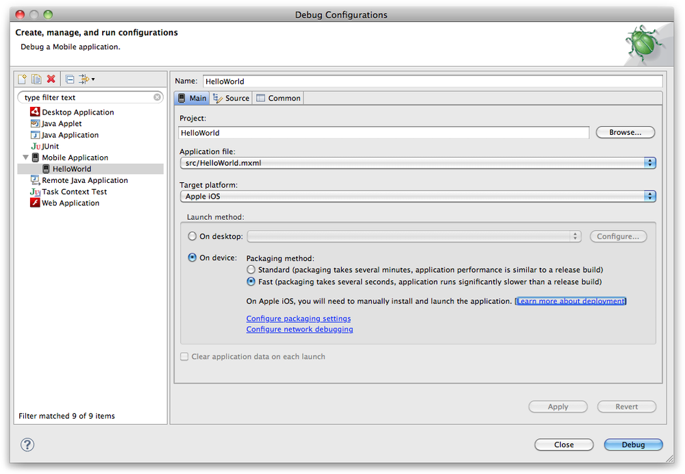 The Debug Configurations window