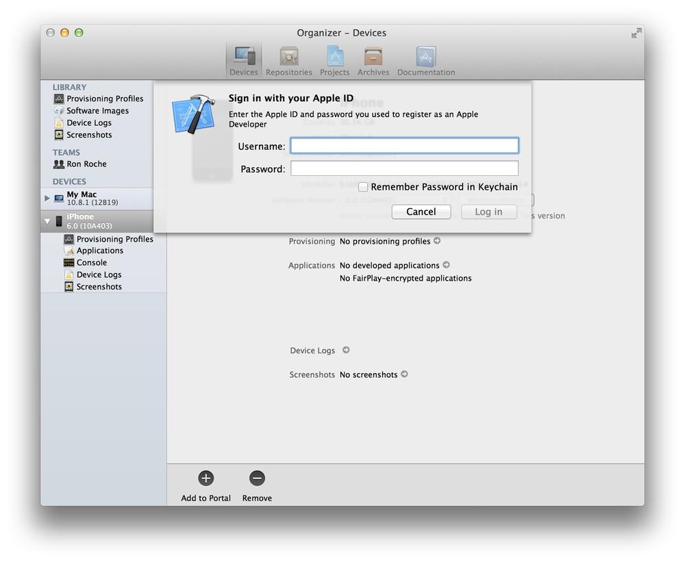 Logging into the iOS Dev Center to Setup a Device