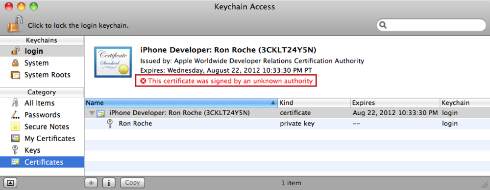 The default keychain without the “WWDR intermediate certificate” installed