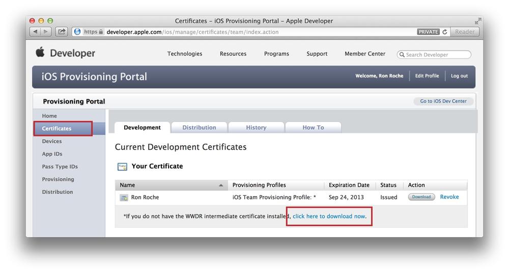 Downloading the “WWDR intermediate certificate”