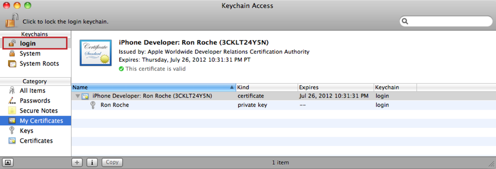 The “login” keychain is set to the default keychain, as it is in bold