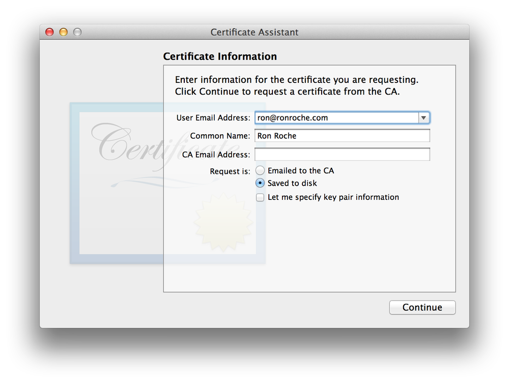 An example Development Certificate Information dialog box