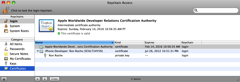 The Apple WWDR, and Development Certificate with private key