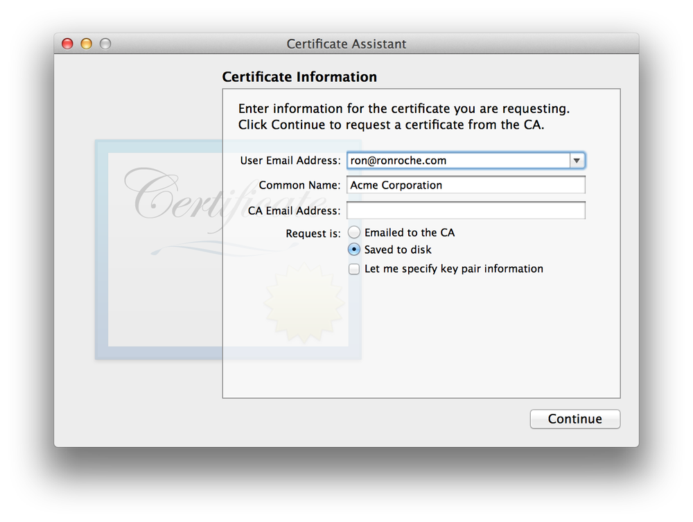 An example Distribution Certificate Information dialog box