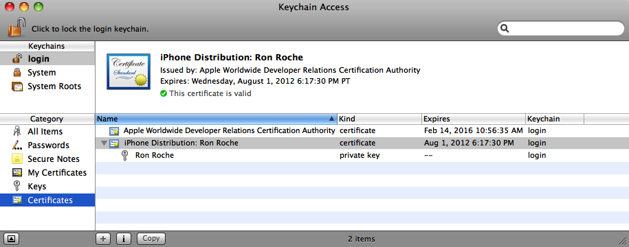 The Apple WWDR, and Distribution Certificate with private key