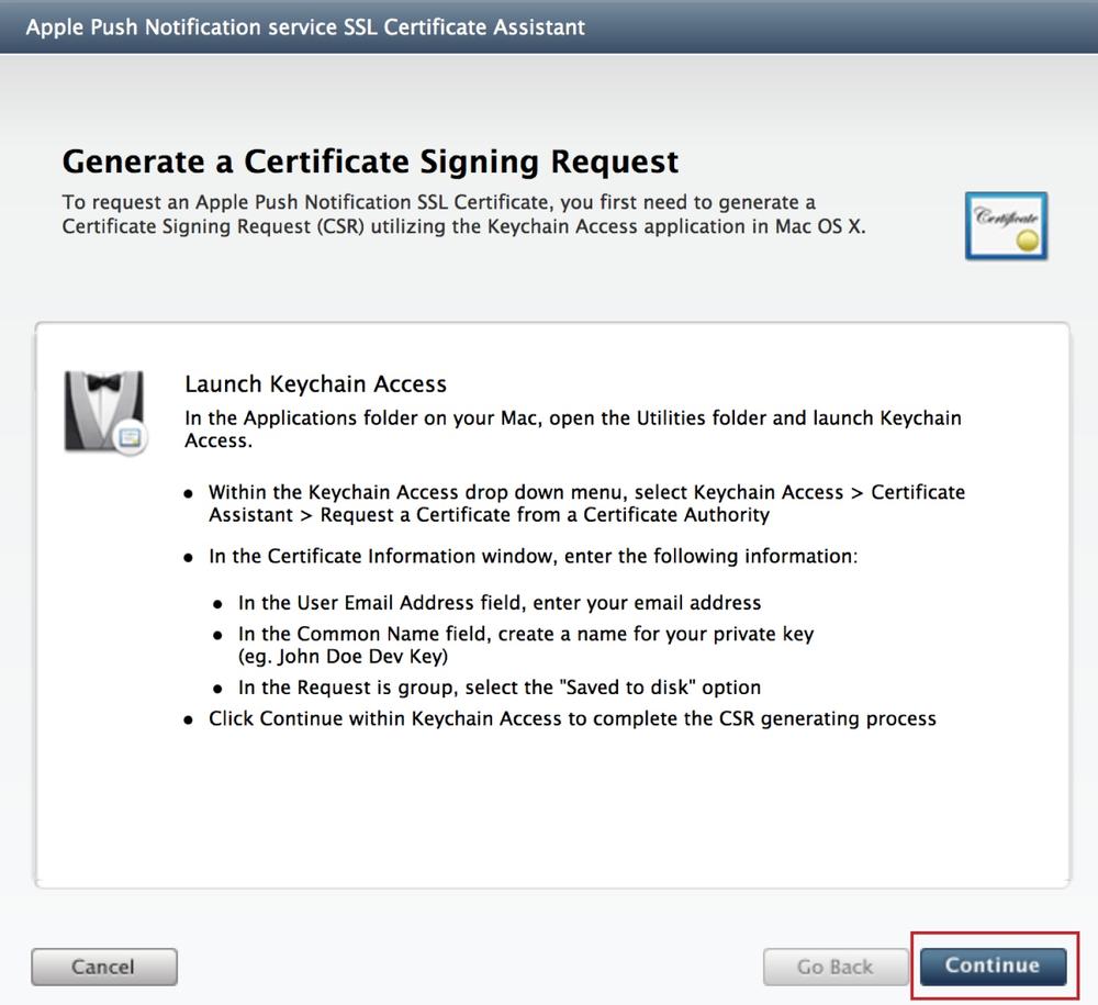 The APNS SSL Certificate Assistant wizard