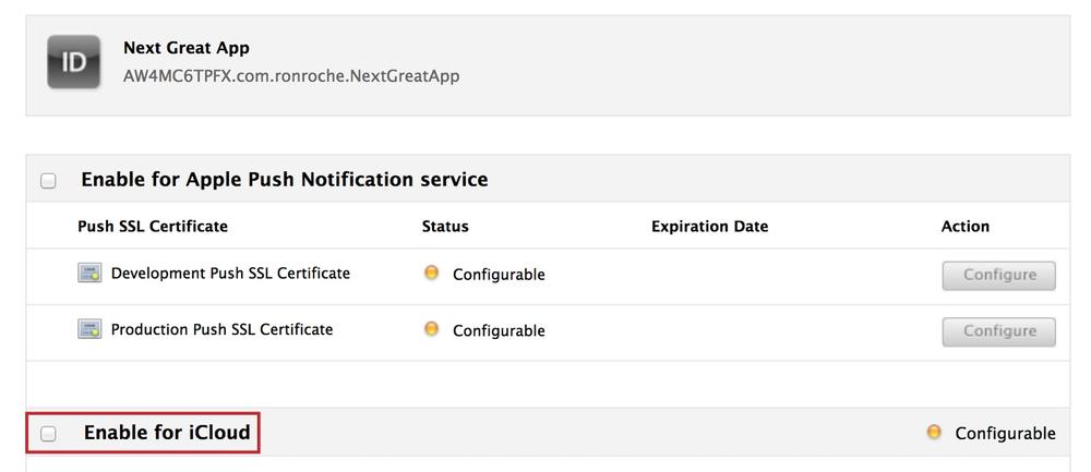 Enabling an App ID for iCloud