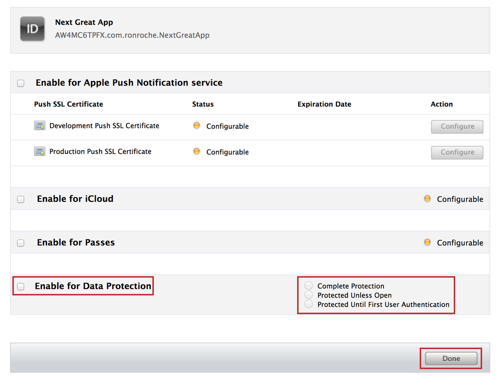 Enabling Data Protection for an App ID