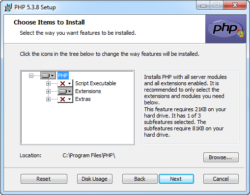 The Windows installer comes with the basic PHP installation, but you can also add several extras, which you can access by clicking the white box next to Extras and selecting individual features.