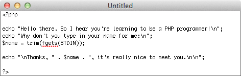 PHP is just text, but it’s got several weird characters. You’ll want to start getting used to typing the dollar sign ($), angle brackets (< and >, just as in HTML), and the backslash (). You’ll be using those characters a whole lot.