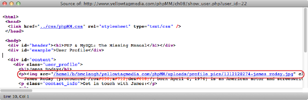 According to this HTML source, the img element has the correct absolute path to the image. But is this what paths in HTML pages should look like? How does the absolute path on a file system relate to the path on a web server?