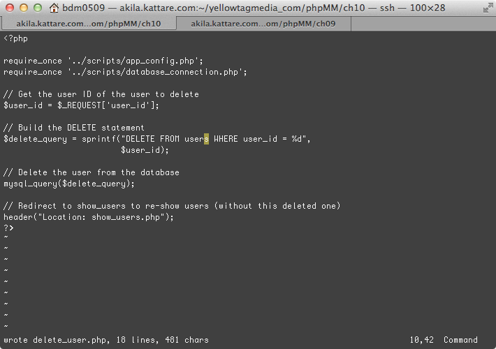 If you’re pressed for screen space, or just like things a little more compact, using tabs in your editor (Terminal on the Mac is shown here) is a poor man’s version of keeping two windows open. You still have to keep a bit more context in your head, but it’s far better than closing one file, opening another, and so on. You can copy in one window, tab to the second window, and paste.