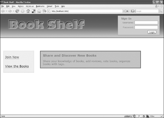 The Book Shelf home page with login box