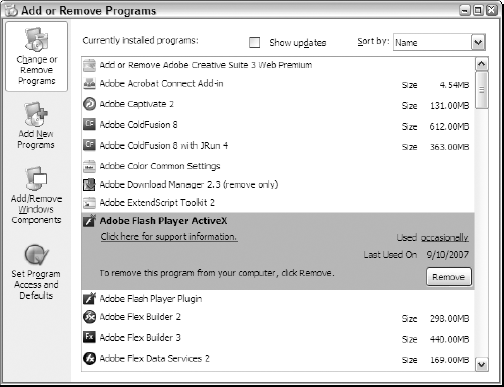Windows XP's Add or Remove Programs feature, listing both the plug-in and ActiveX versions of the Flash Player