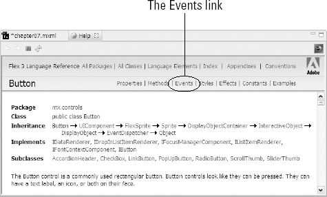 The Events link in the API documentation for the Button class