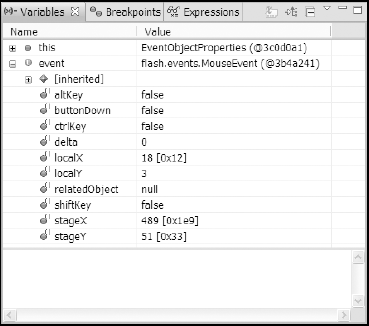 The event object's type displayed in the Variables view