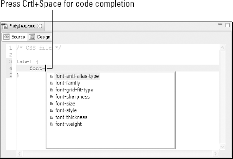 Code completion in an external style sheet