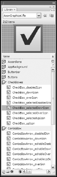 The Flash skinning source file's Library panel