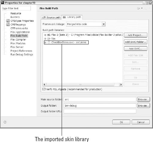 The Flex project build path after importing Flash-based skinning symbols