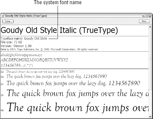 A font file displayed in Windows XP with the font's system name