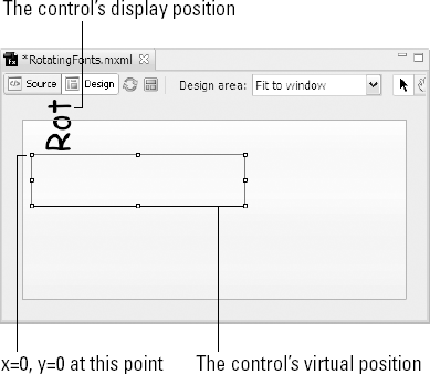 A control's virtual and runtime display positions, shown in Flex Builder's Design view