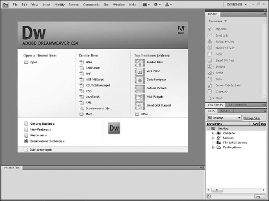 The Welcome screen provides a list of shortcuts for creating new files or opening existing pages in Dreamweaver.